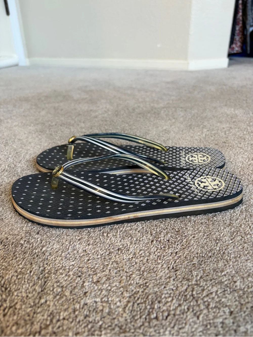 Tory Burch Navy and White Flip Flop Sandals with Classic Gold Logo Accents
